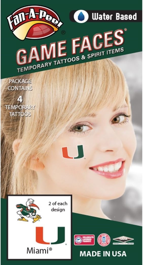 University of Miami (UM) Hurricanes - Water Based Temporary Spirit Tattoos - 4-Piece - 2 Sebastian Ibis & 2 Green/Orange/White U Logo