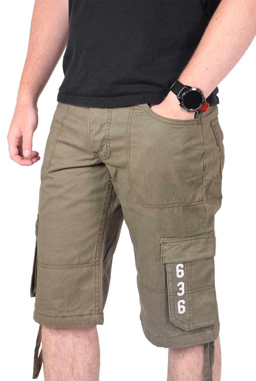 True Face Mens Shorts Cargo Pockets Denim Combat Chino Button Up Flat Front Army Workwear Knee Length Straight Leg Casual Summer Work Half Pants Bottom Size 32 Khaki