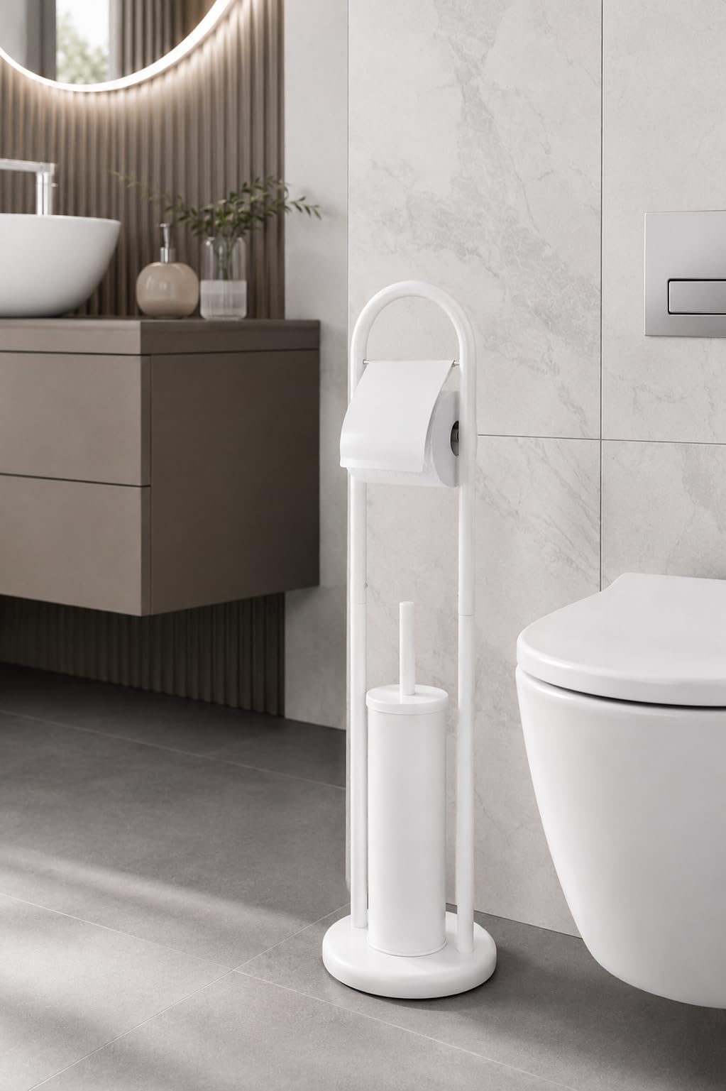 Porta Rotolo con Scopino WC da Terra in Acciaio Inox, Porta Carta Igienica Bagno Moderno Salvaspazio (Bianco)