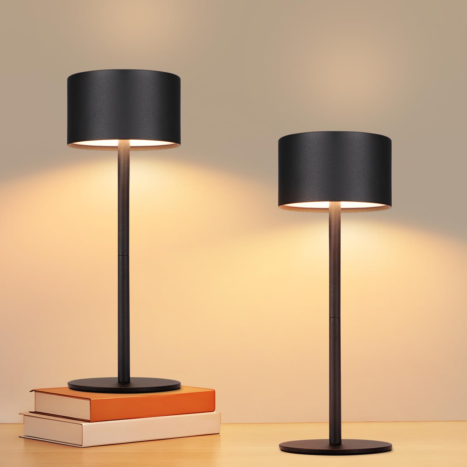 Homefire Lámpara de mesa LED inalámbrica 2 unidades: táctil regulable lámpara de mesa con 3 temperaturas de color regulable en altura USB recargable batería portátil impermeable negro lámpara de mesa
