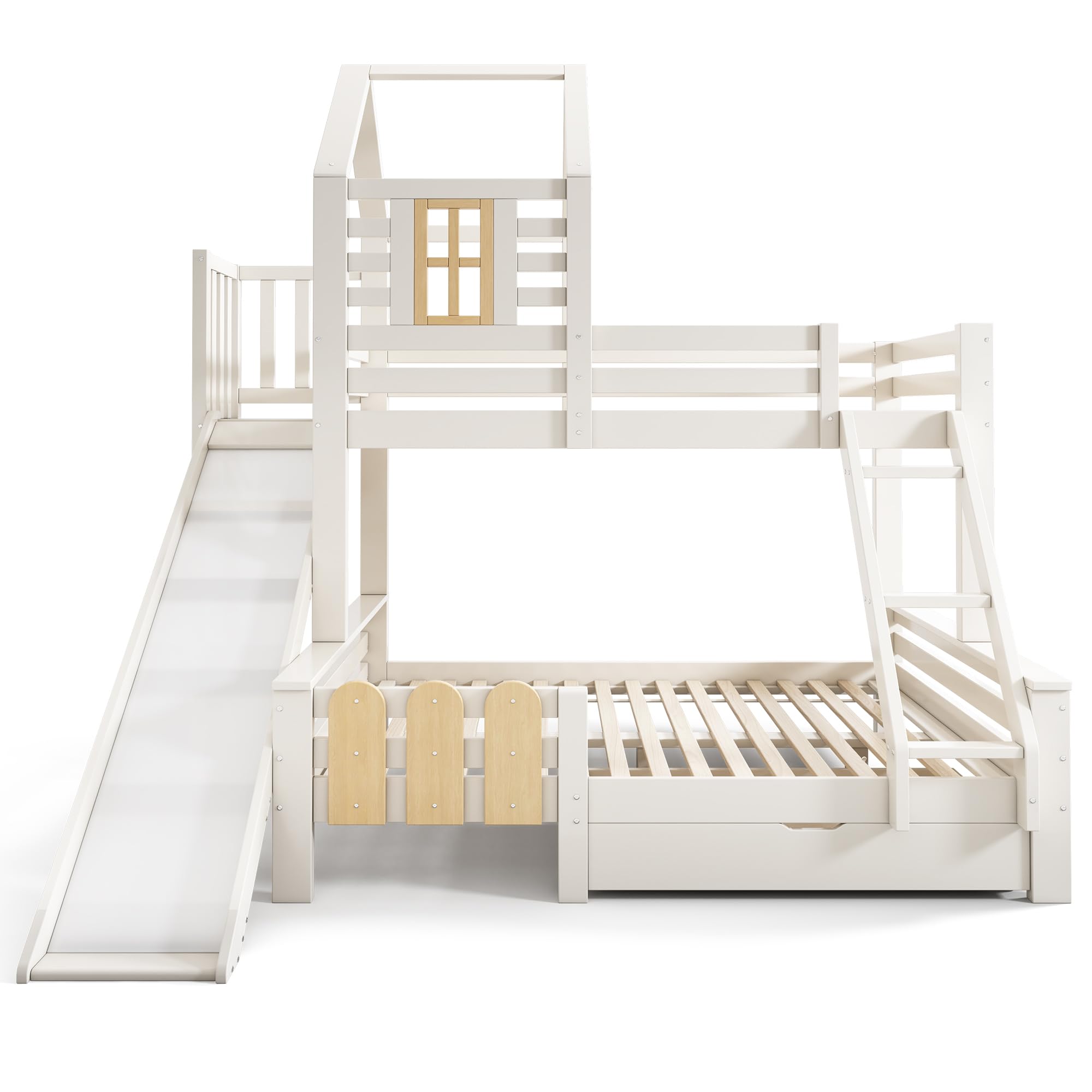 Letto a Castello 90x200 e 140x200cm con Rete a doghe, Letto Matrimoniale con Cassetto, Scivolo e Scaletta, letto a Soppalco per Bambini, a Forma di Casa, Struttura in Legno Massiccio(senza materasso)