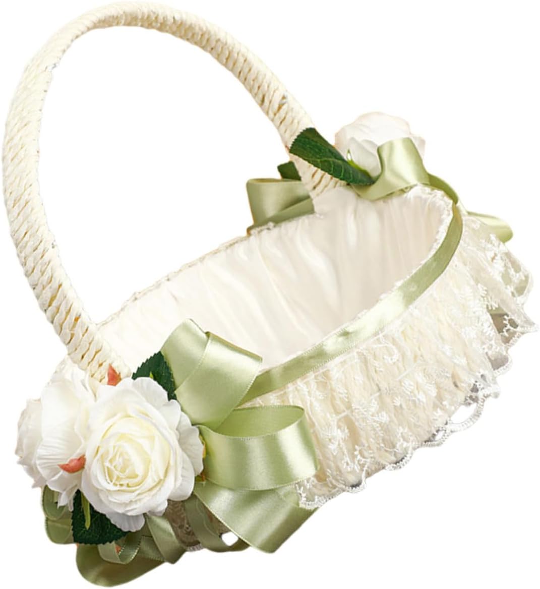 Wedding Flower Basket for Flower with Handle Bowknot Decoration Handheld Basket for Wedding Party Ceremony Supplies