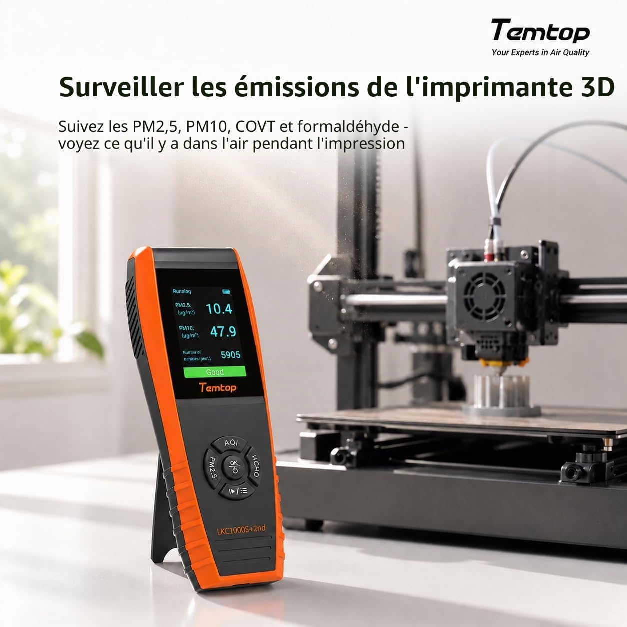 Temtop Détecteur de Qualité de l'air Appareil Mesurant PM2,5 PM10 HCHO COV AQI Température et Humidité Moniteur Qualité Air Intérieur pour Maison Bureau, LKC-1000S+2nd