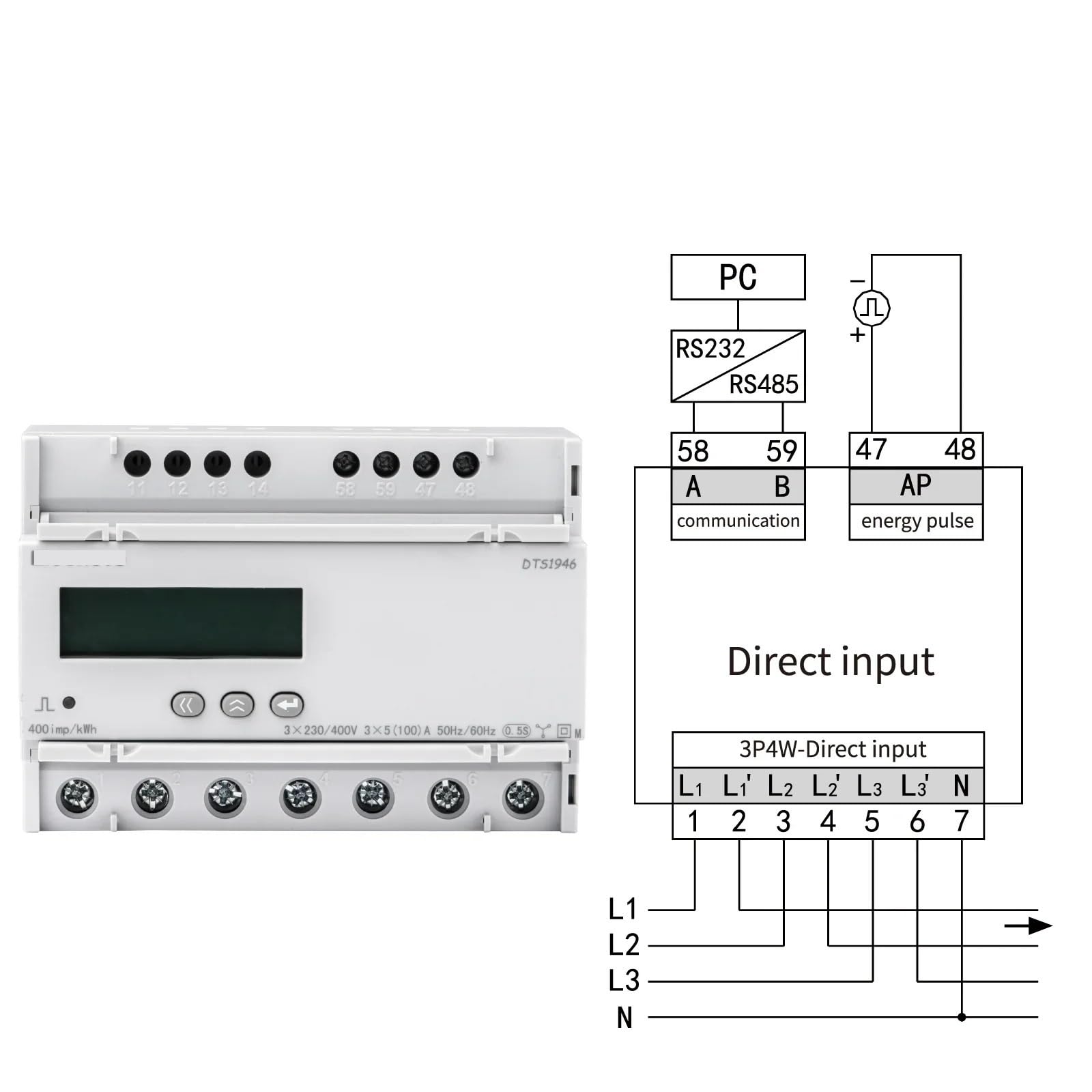 Power Energy KWh Meter, AC Three Phase Power Meter,Digital LCD Multimeter, Electricity Consumption DTS1946 Wattmeter(Input via CT)