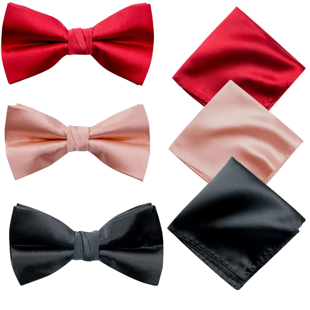 Premium Satin Bow Tie Combo for Men | Adjustable Neckband for Perfect Fit | Handcrafted Bow Tie for Suits & Tuxedo for Formal Events & Weddings (Pack of 3) (Red, Peach Pink & Black)-image-1