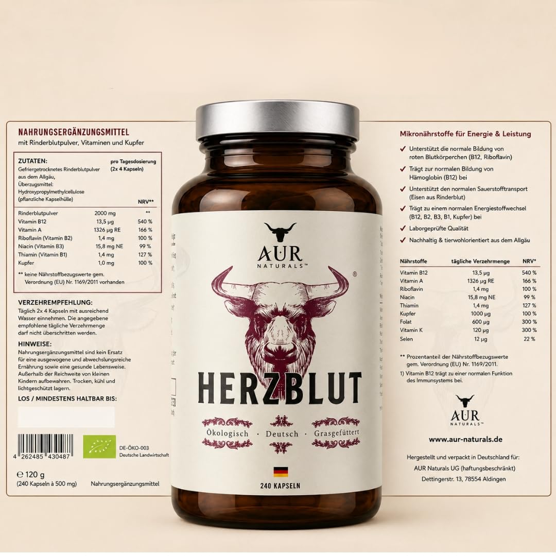 Rinderleber & Rinderherz Kapseln Bio – 240 Kapseln von Weiderindern aus Deutschland | Grasgefüttert & ökologische Haltung I Organ-Supplement für Energie, Leistung & Blutbildung I AUR Naturals