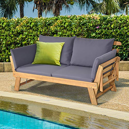 image for Tangkula Acacia Wood Patio Convertible Couch Sofa Bed with Adjustable 