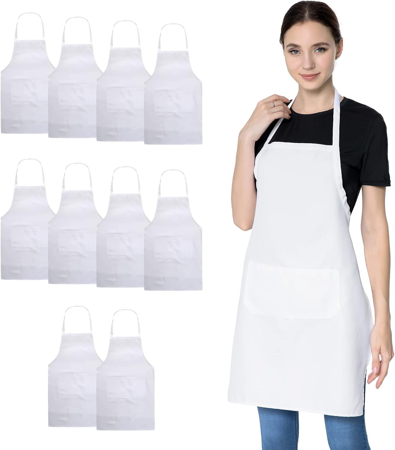 White Aprons Bulk with Pockets for Women Girls Adults Chef, Set of 10 Kitchen Bib Apron for Cooking Baking Restaurant Painting DIY (10, White) - Image 2