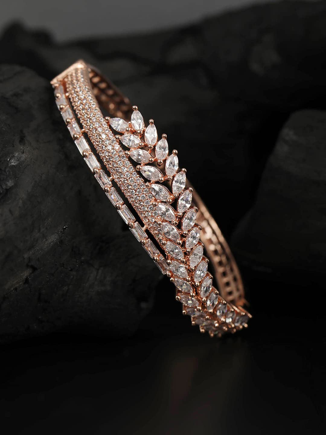 Priyaasi Elegant American Diamond/AD Bracelet for Women | Fashionable & Trendy | Kada Style Leaf Design Girls Bracelet | Rose Gold Bracelet with Interlock Closure | Onesize - 2.6 - Image 3 thumbnail