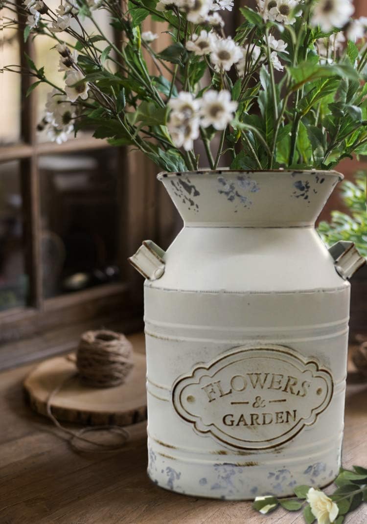 Soyizom Vintage Rustic Farmhouse Galvanized Metal Shabby Chic Flower Vase Watering Can Tin Jug French Style Bucket Pot Pitcher Flower Holder Vase with Handle for Kitchen Garden Decor —Large,9.8" H