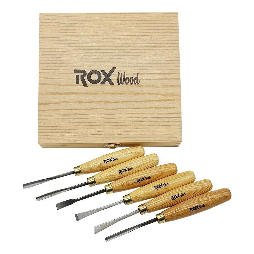 Rox Wood ROX-15399063-6PC Woodworking Wood Carving Tools Set with Brass Rings CRV60 Blades in a Wooden Storage Case - 6 Piece