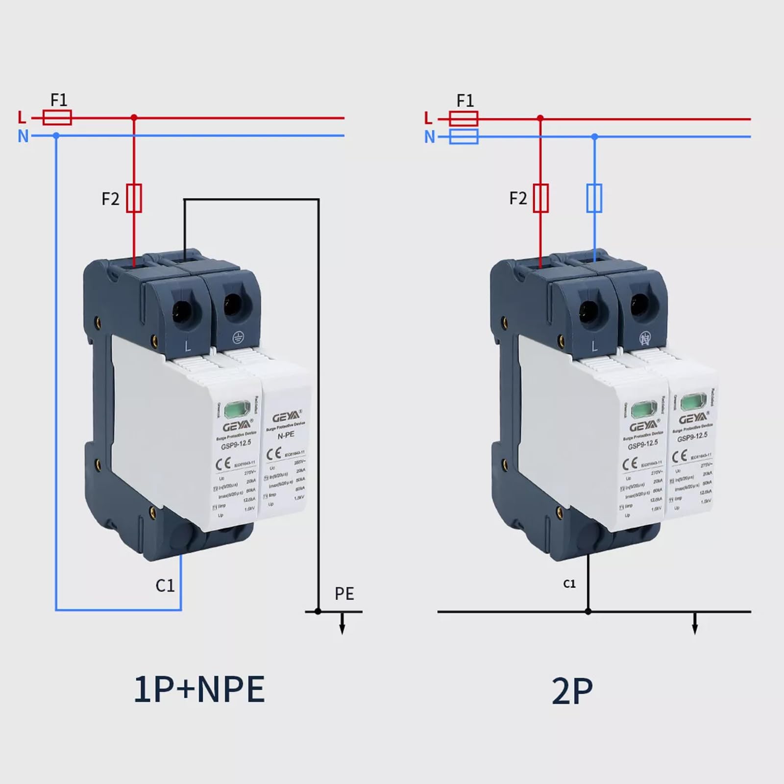 GEYA SPD Limitatore di Sovratensione Guida DIN Casa Protezione contro le sovratensioni 12.5KA T1+T2 Classe 50KA(2P,AC275V)