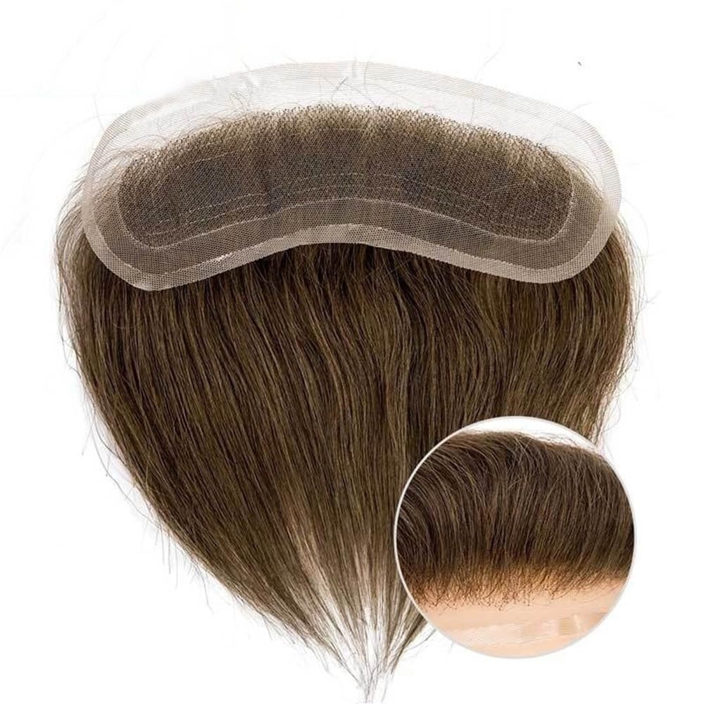 Men's Toupee Parte frontale in pizzo completo con attaccatura dei capelli umani, colore marrone, for uomo(#7)