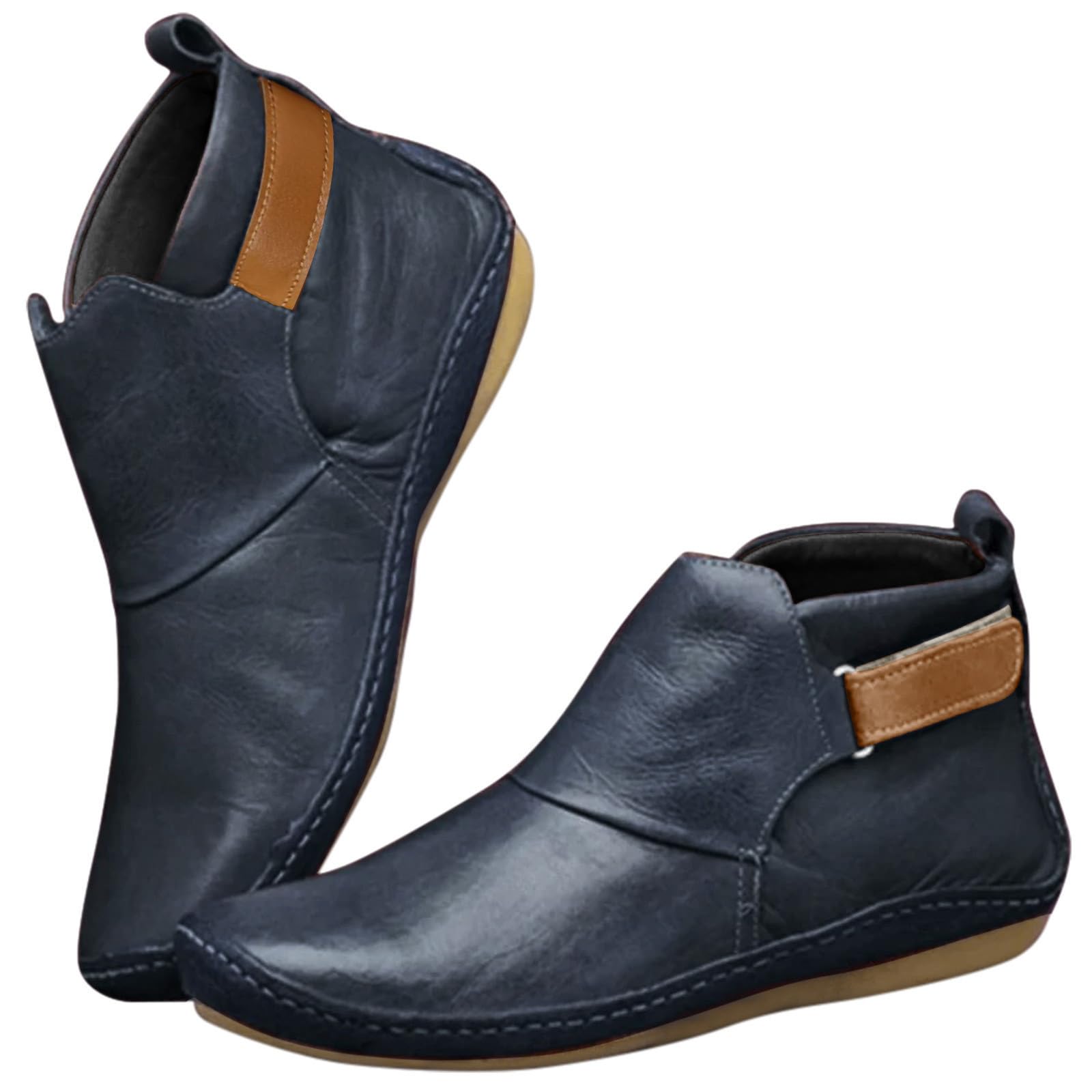 Fall Winter Boots for Women 2025 Vintage Casual Short Round Toe Ankle Boots No Heel Retro Leather Booties