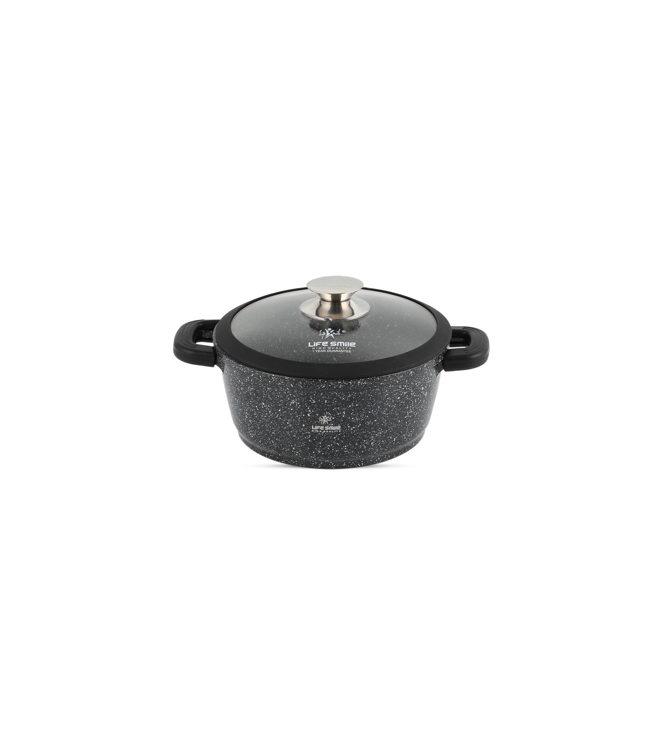LIFE SMILECooking Pot - Multi Layer Non Stick Granite Coating 100% PFOA Free - Glass Lid With Silicone Rim - Detachable Silicone Handles - oven safe (Black, 20CM (2.3 Liters))