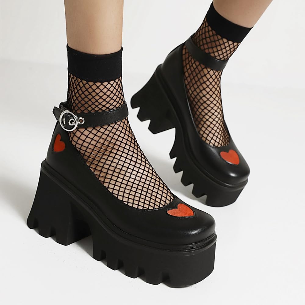 LVJMJ Mary Jane - Scarpe da donna con tacco grosso, plateau, punta quadrata, cinturino alla caviglia, fibbia retrò, gotico, stile scuro, in pelle PU, piattaforma frontale 4 cm, tacco 8 cm