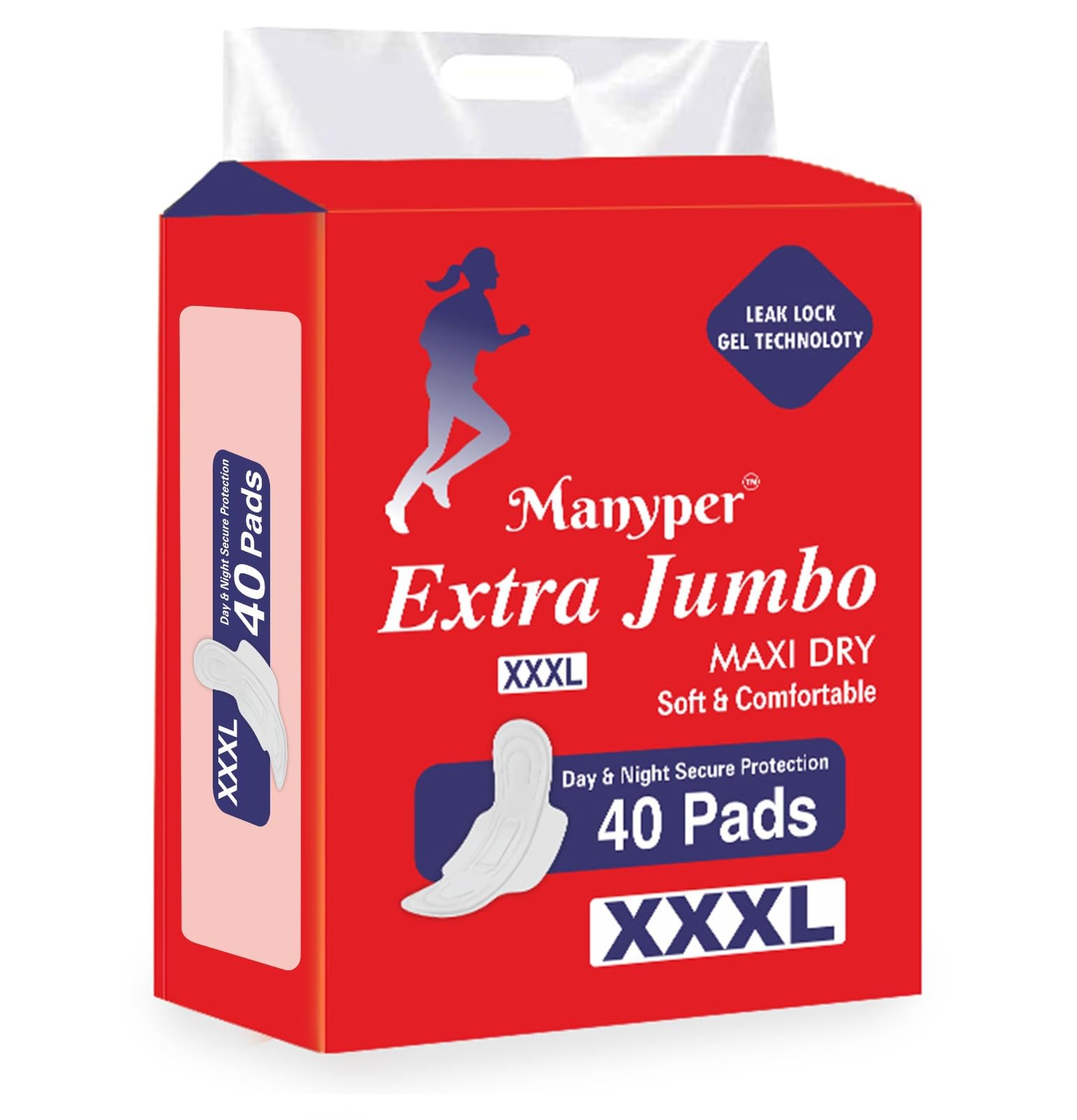 Manyper Extra Jumbo Maxi Dry Sanitary Pads, XXXL Size, 40 Count, Day & Night Protection