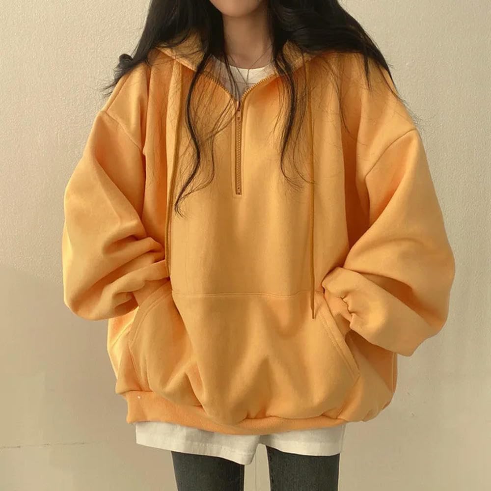 ZBDZSW Damska swobodna bluza z długim rękawem i kieszeniami, gruba bluza z kapturem Harajuku, luźna, oversize, jesień, góra, półzamek, damska bluza