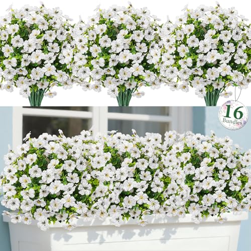 Image of Bassion 16 Bundles Artificial Flowers for Outdoors Fake Flowers, White