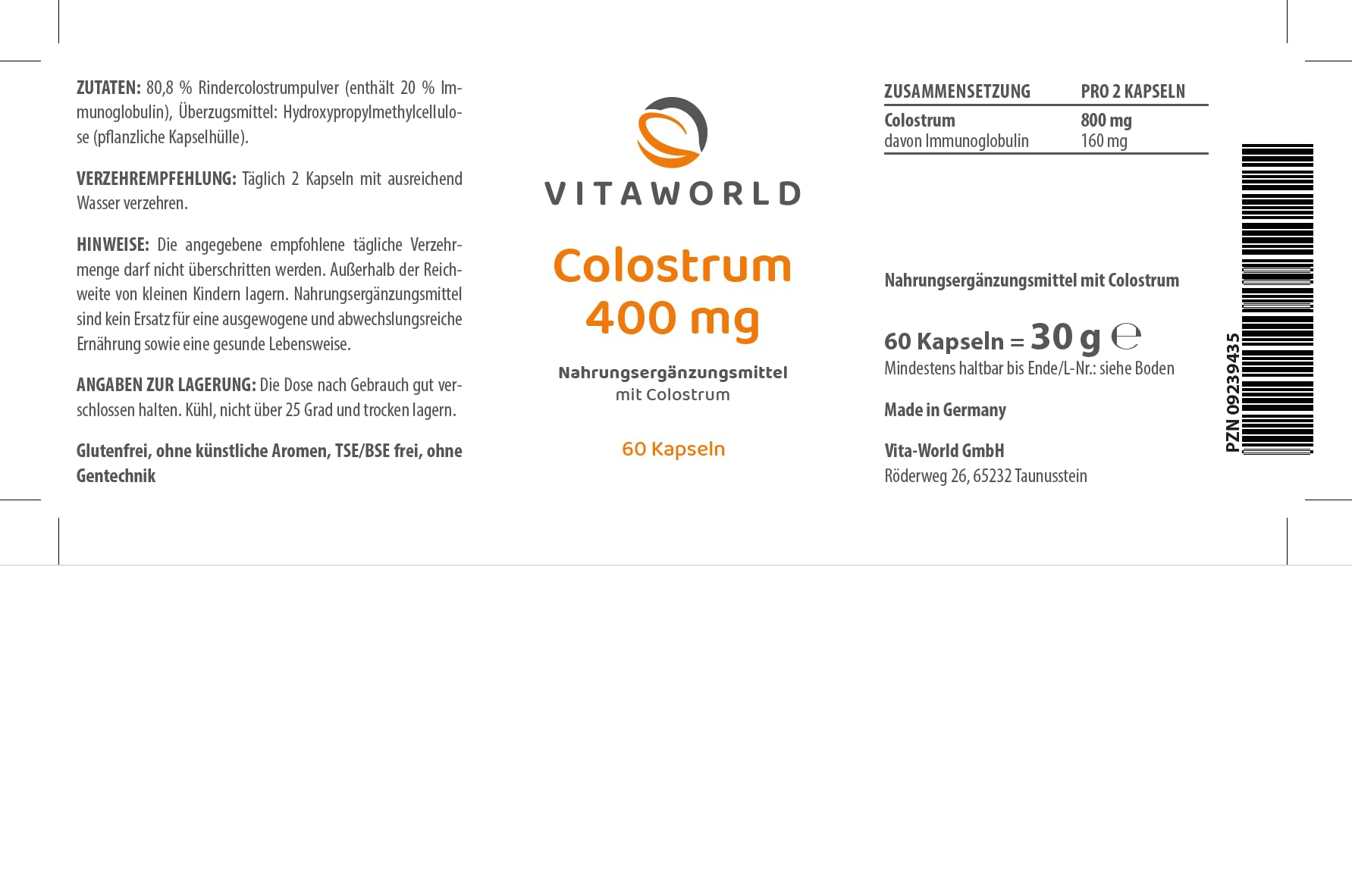 3er Pack Vita World Colostrum 400mg 3 x 60 Kapseln Apotheken Herstellung 28% IgG