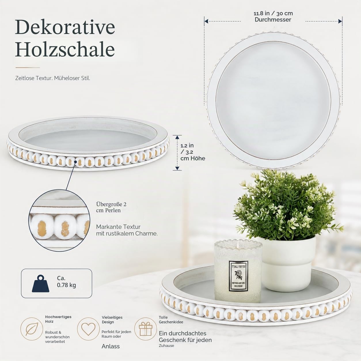 Hanobe Deko Tablett Rund Holztablett: Landhaus Tabletts Weiß Gealtert für Wohnzimmer Couchtisch 30cm Shabby Chic Holz Dekoteller mit Perlen für Küche Esstisch