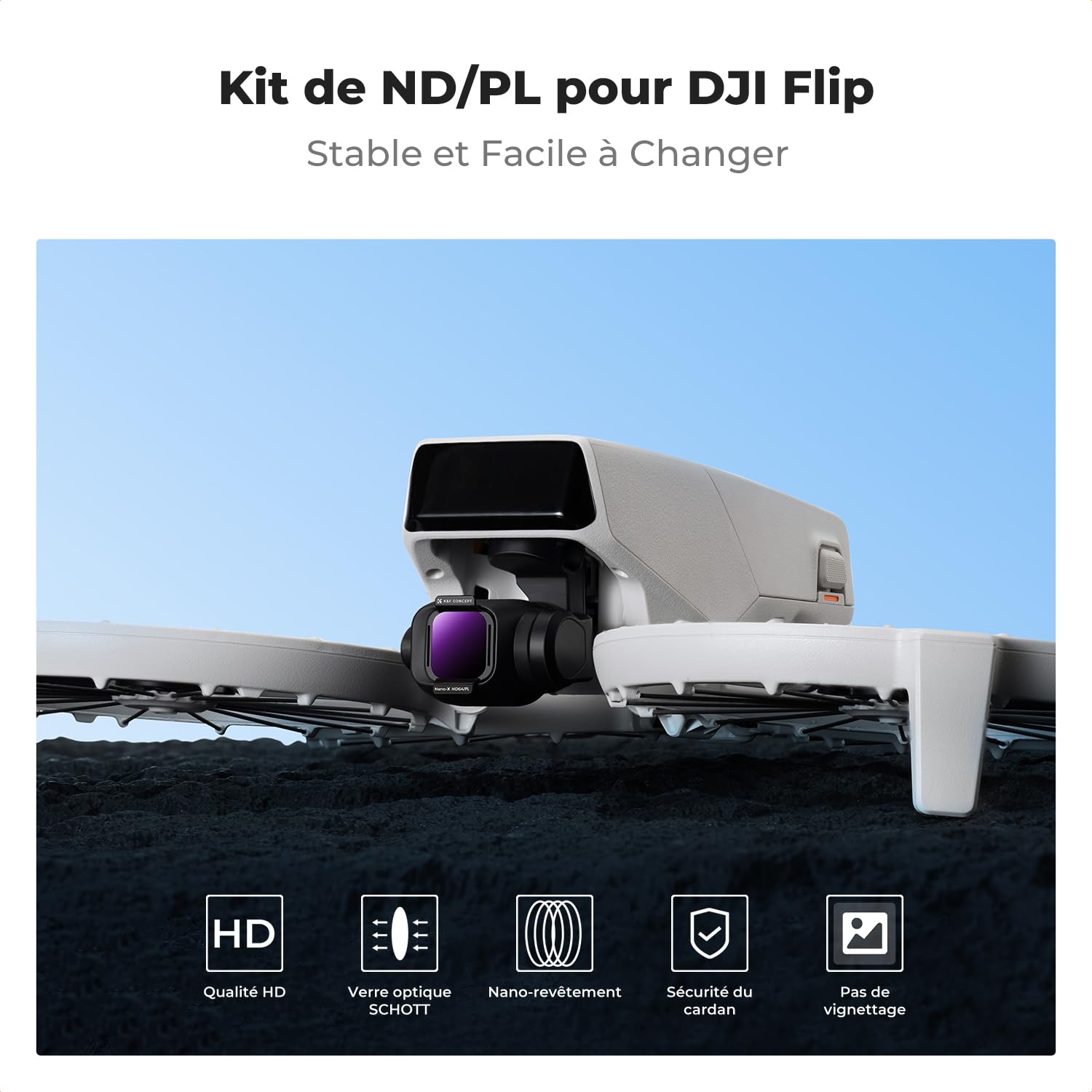 K&F CONCEPT Lot de 4 filtres ND/PL compatibles avec DJI Flip, ND8/PL ND16/PL ND32/PL ND64/PL ND64/PL Filtre polarisant à densité Neutre Kit de filtres d'objectif de caméra pour Drone HD Optique
