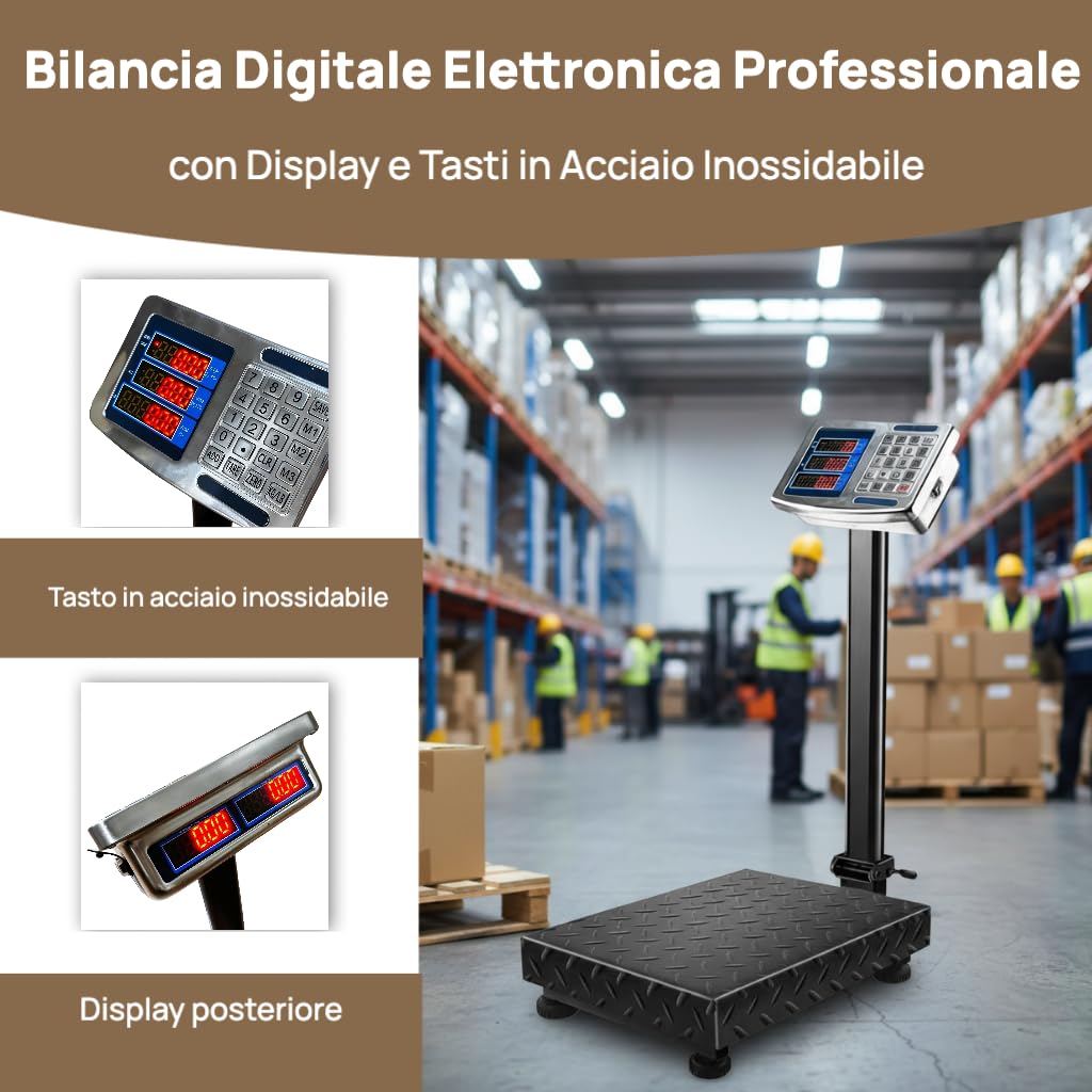Voltix Bilancia Elettronica 150kg, Bilancia Pesa Pacchi Digitale Professionale Ricaricabile con Display in Acciaio Inox e Braccio Pieghevole