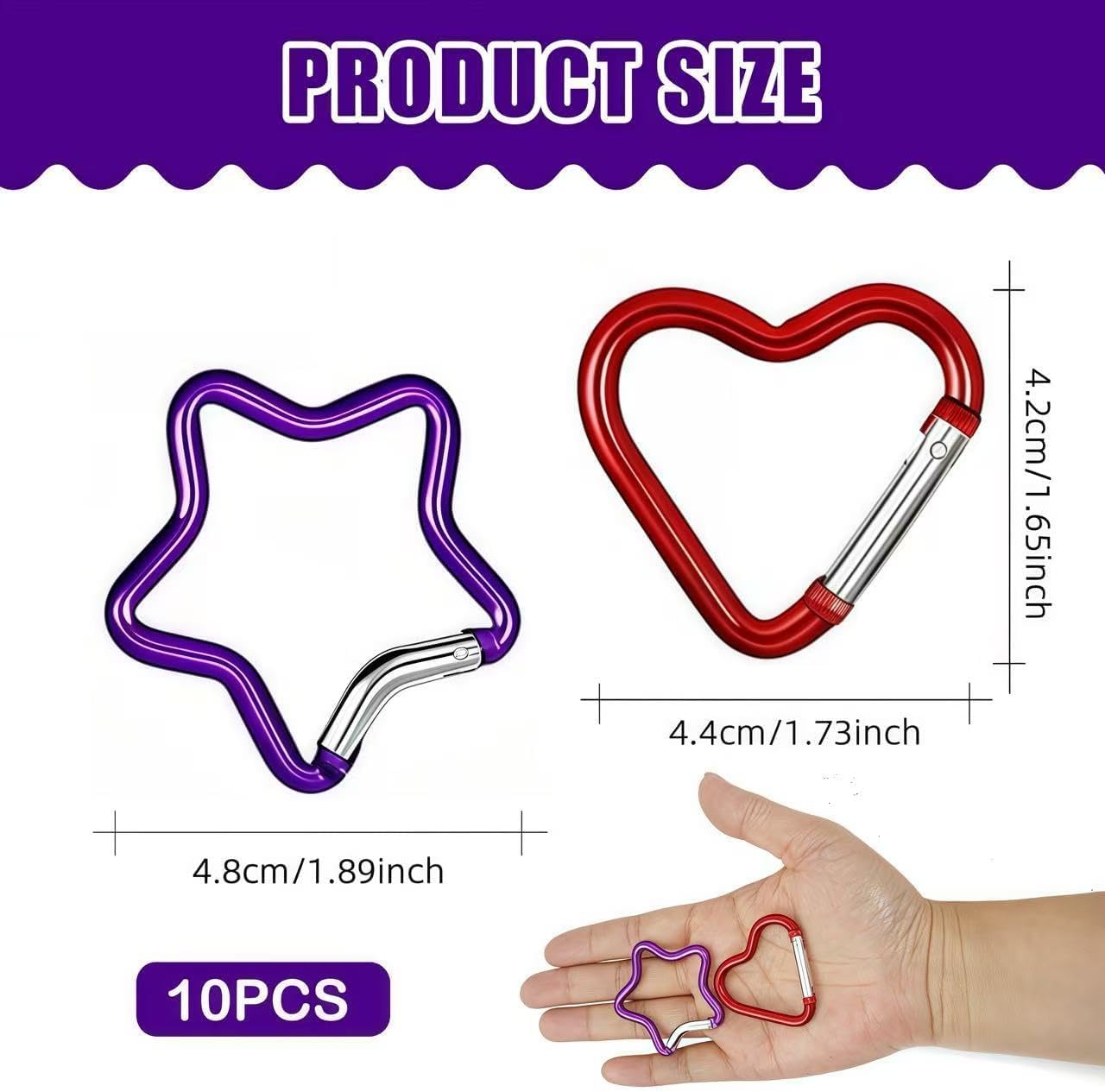 10 Pcs Aluminum Carabiner Clips, Spring Loaded Snap Hooks for Keychain Backpack, Star Heart Shape Decorative Fasteners for Travel Camping image 2