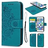 iPhone 7 Case, iPhone 8 Wallet Case Embossed Mandala Florals PU Leather TPU Shock Bumper Detachable Magnetic Case Slot Wallet Wrist Strap Folio Cover for iPhone 7 & iPhone 8 Blue