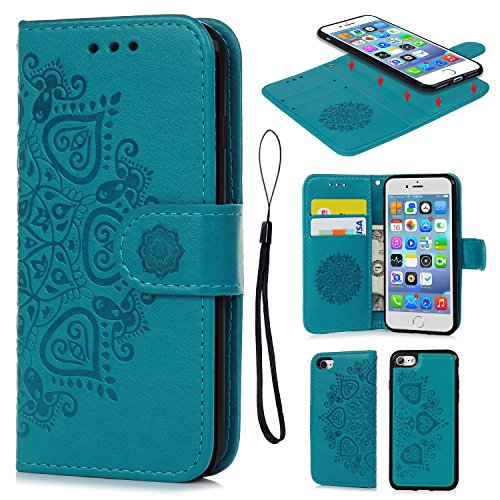 Compatible with iPhone 7 Case, iPhone 8 Wallet Case Embossed Mandala Florals PU Leather TPU Shock Bumper Detachable Magnetic Case Slot Wallet Wrist Strap Folio Cover for iPhone 7 & iPhone 8 Blue