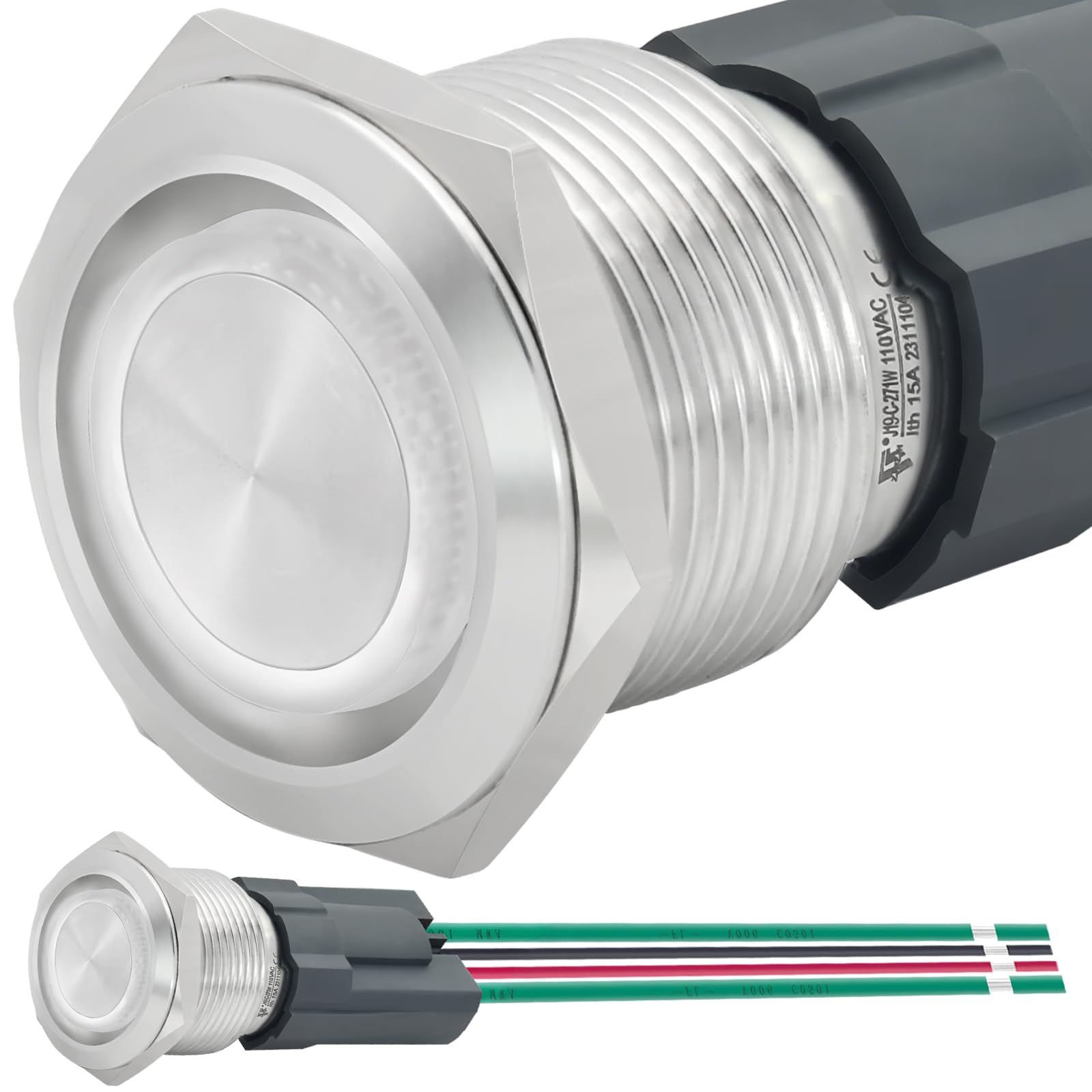 UL Listed 15Amp 19mm Latching Push Button Switch 110V-120V Waterproof IP67 Power Button 1NO White LED Light Self-Locking On Off 3/4'' with Wire Socket