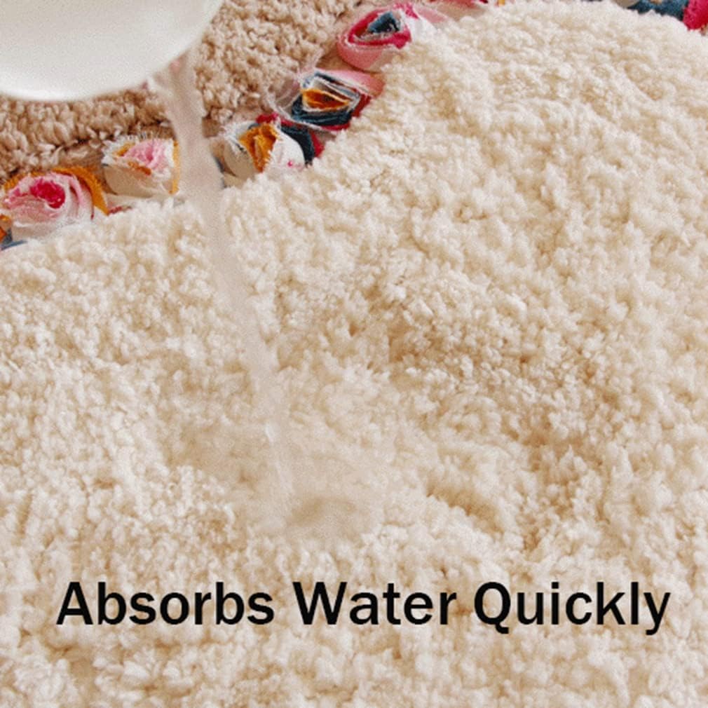 Microfiber Bath Rug Ultra Soft Shaggy Rose Flower Patchwork Round Bathroom Rugs Mats for Tub Shower Indoor Outdoor Doormat Non Slip Machine Washable Kitchen Runner Area Rug 35" X 35"/Light Tan