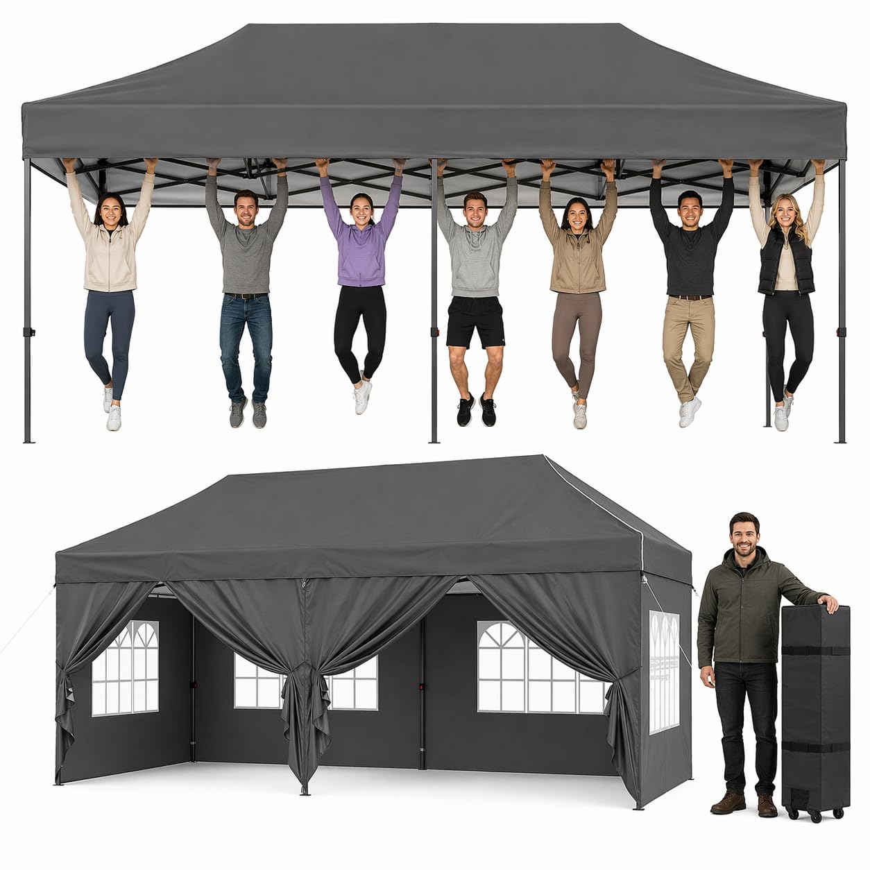Aoxun Pop Up Gazebo 3m x 6m with Sides, Waterproof Outdoor Canopy with Wheeled Carrybag,6 Weight Bags, 8 Stakes and 4 Ropes, Heavy Duty Instant Shelter for Garden Party BBQ, Grey