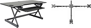 Rocelco 46" Large Height Adjustable Standing Desk Converter with Triple Monitor Mount BUNDLE - Quick Sit Stand Up Computer Workstation Riser - Retractable Keyboard Tray - Black (R DADRB-46-DM3)