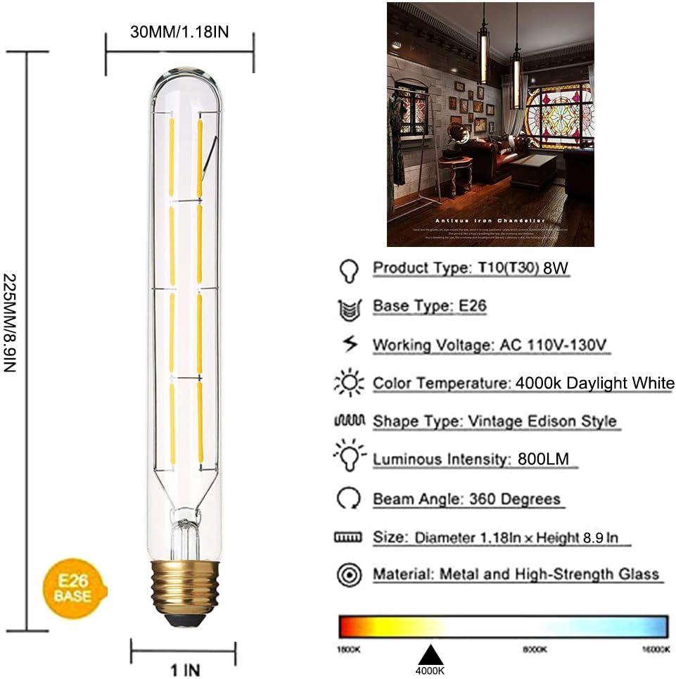 Dimmable T10 Edison Led Long Tubular Bulb 4000k Daylight White,8W Vintage Filament Bulb 80W Equivalent, E26 Base Led Bulb, 8.9inch, Pack of 4