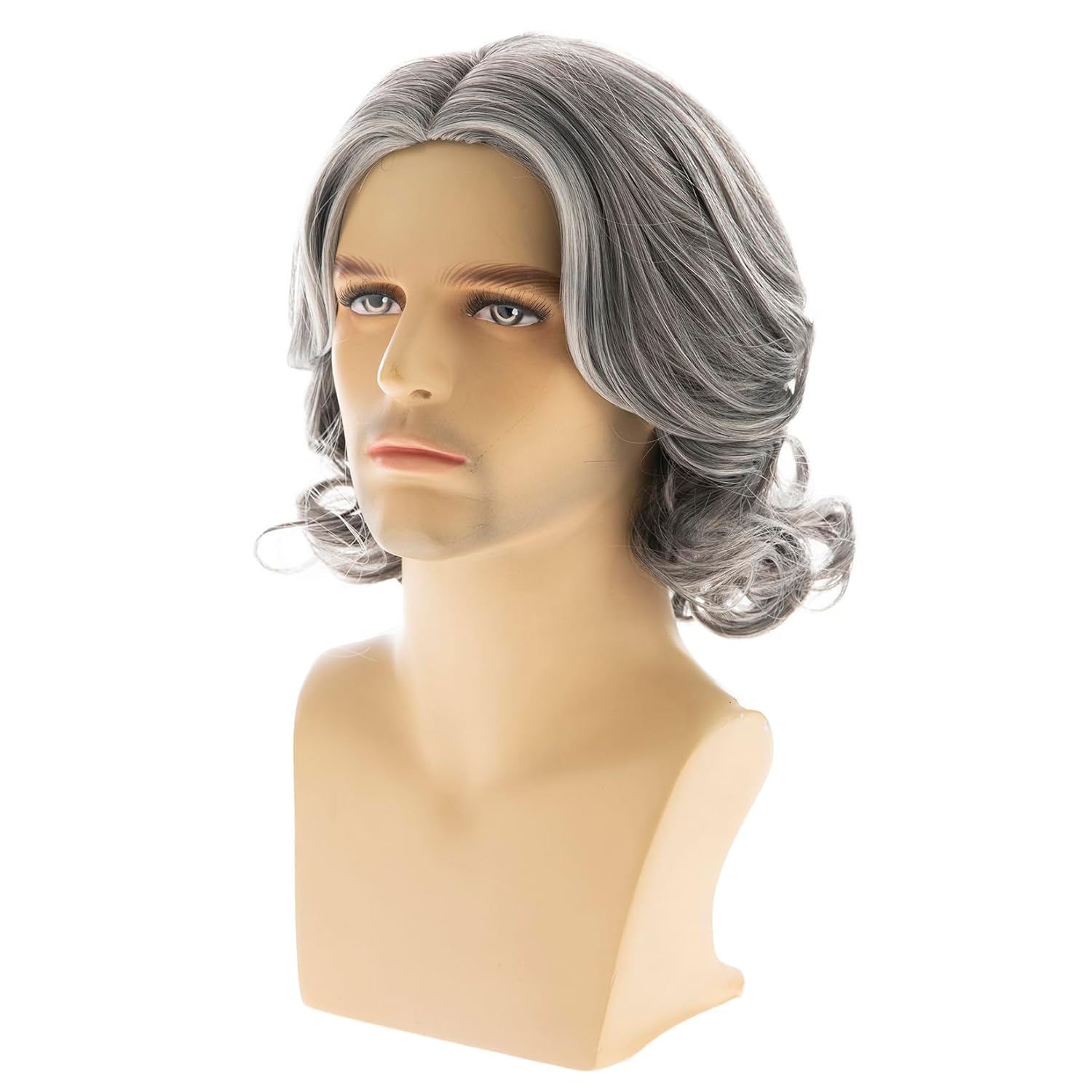 Beweig Mens Grey Short Wavy Bob Wig Synthetic Cosplay Party Replacement, gray, 22,5 cm - Image 3