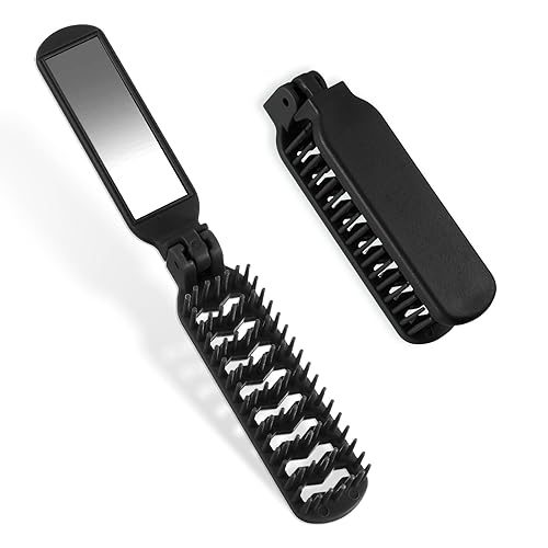 Mini cepillo de pelo, cepillo de pelo plegable de viaje con espejo, cepillo de pelo pequeño y ventilado, peine de bolsillo negro para cabello grueso