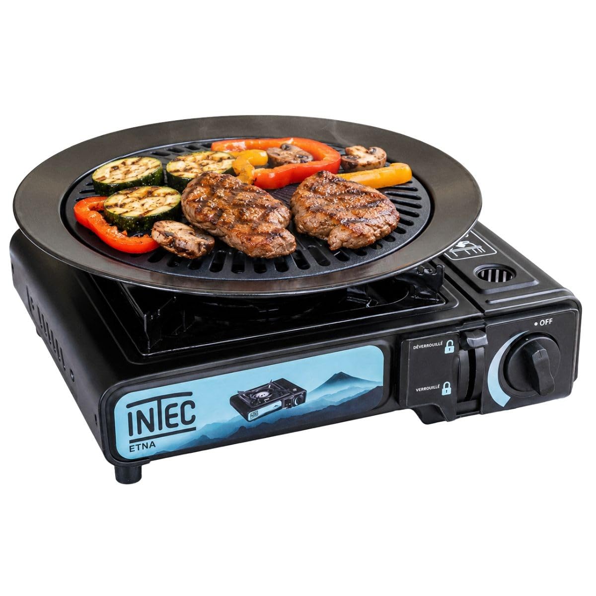 INTEC - Przenośna kuchenka gazowa Etna 2200 W + płyta grillowa Camping Zapłon Piezo walizka do gotowania na zewnątrz