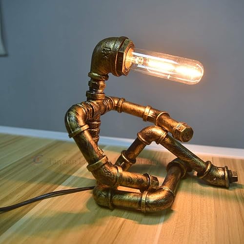 Miniatura 7 de Lámpara de mesa Steampunk, lámpara de escritorio de estilo robot creativo, luz de tubería de agua industrial vintage para mesa de noche, mesita