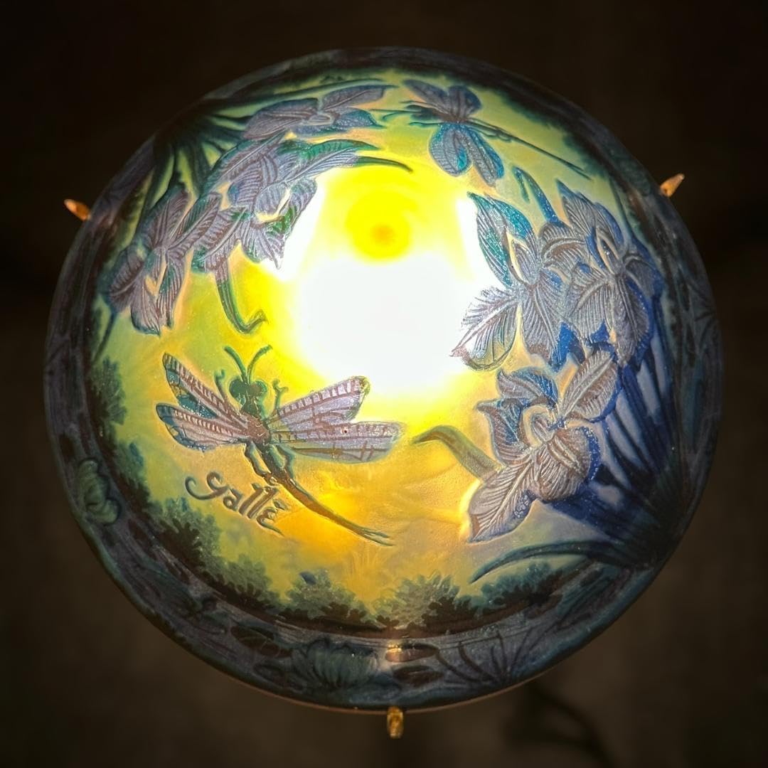 エミールガレ 2灯 蜻蛉文 台座真鍮 カメオ彫り 被せガラス 高さ25cm