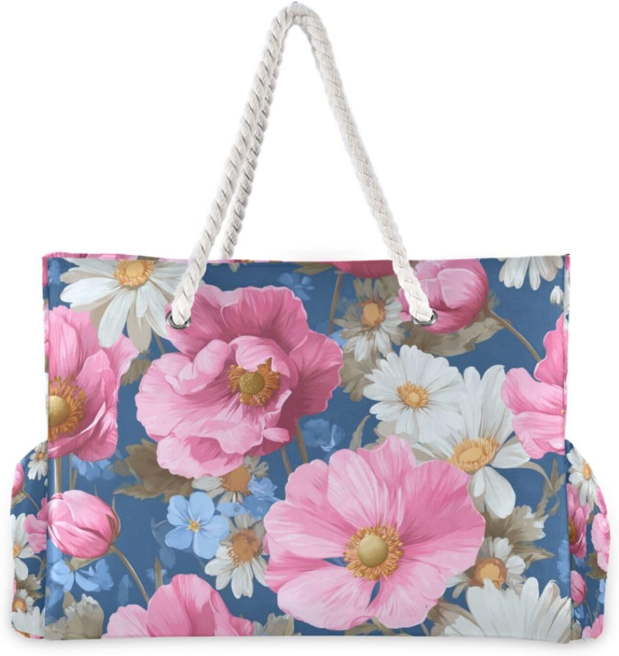 OTVEE Pink Poppy and Daisy Pattern Beach Bags for Women Ladies Large Canvas Tote Shoulder Bag Waterproof Travel Bags for Gym Swim Pool Camping