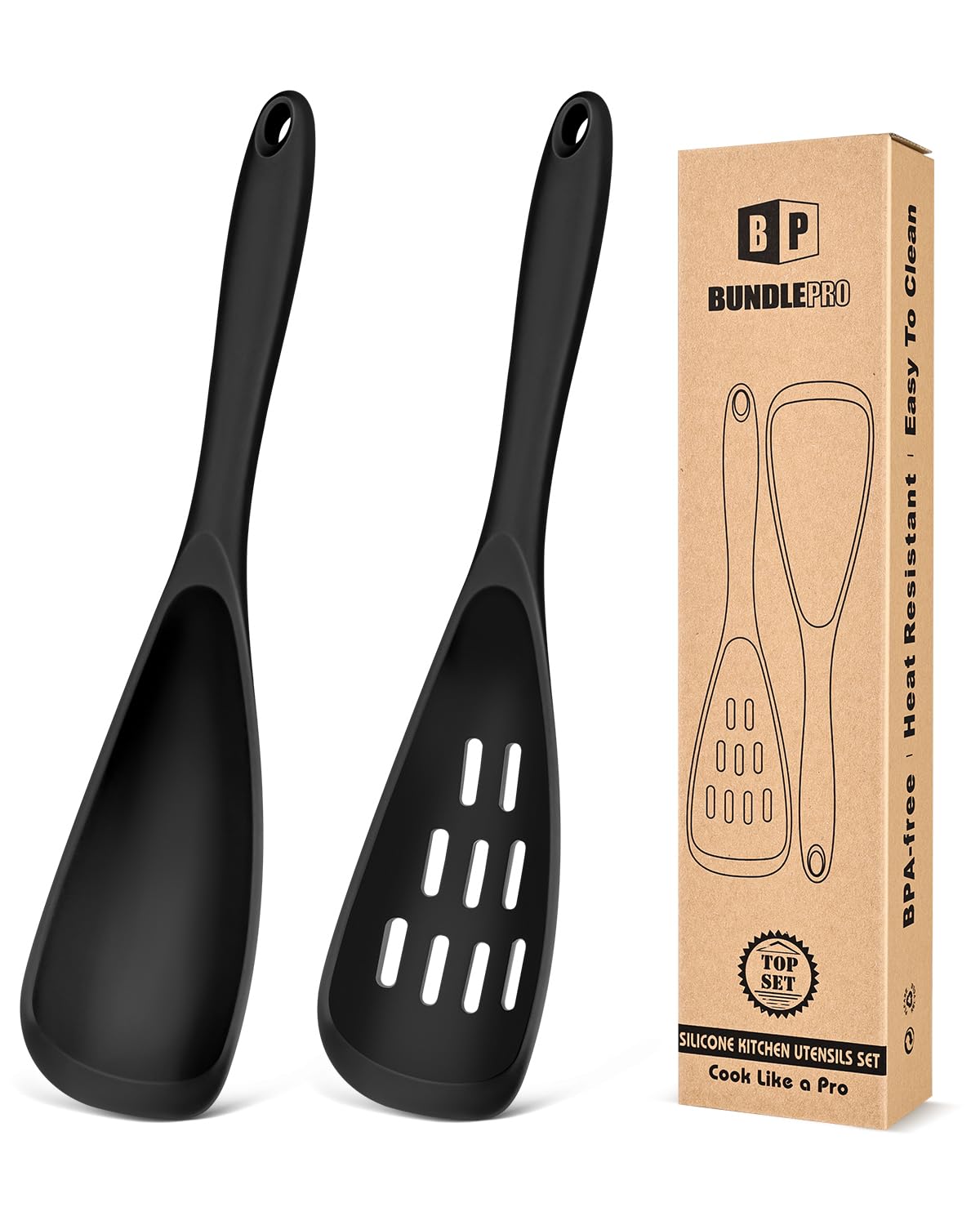 Pack of 2 Cooking Spoons for Non Stick Cookware, Multifunction Spatula Spoon BPA-Free, One-Piece Design, Suitable for Scooping, Scraping, Serving and Mixing(Black)