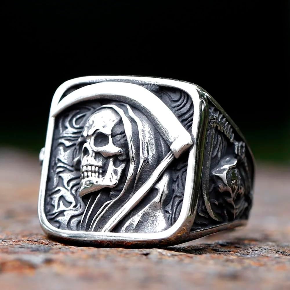 Grim Reaper Ring for Men – Gold Skull with Scythe Signet Statement Ring, Death Biker Punk Stainless Steel Jewelry - Image 3