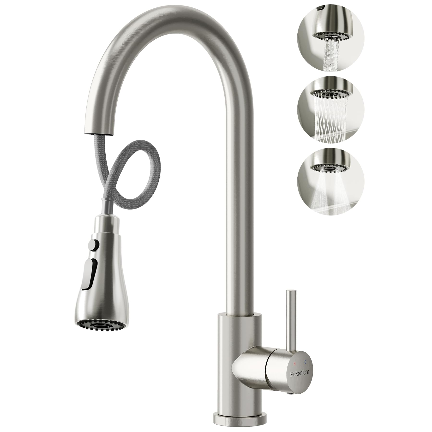 PUKANIUM Kitchen Tap Mixer with Pull Out Spray, Nickel Stainless Steel Kitchen Sink Taps 1 Hole with 3 Spray Modes, Pull Down Kitchen Mixer Tap Faucet with High Arc 360Β°Swivel