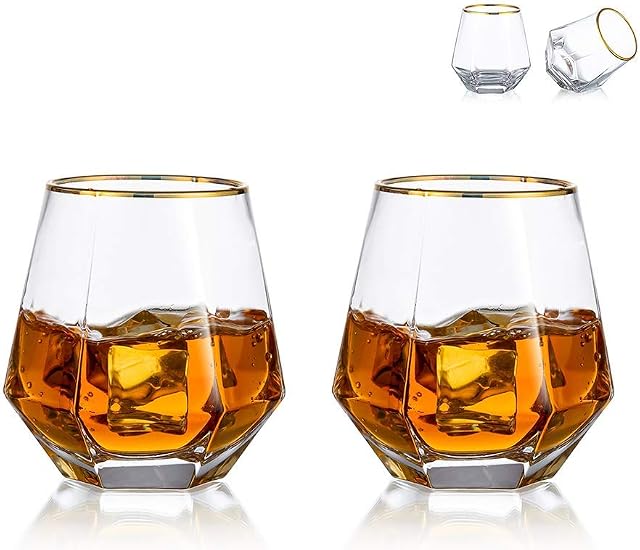 Diamond Whiskey Glasses Set of 2 Water Juice Tumbler Tilted Scotch Glass 300ml Whisky Glass Modern Look Glassware for Bourbon/Rum/Bar Tumbler