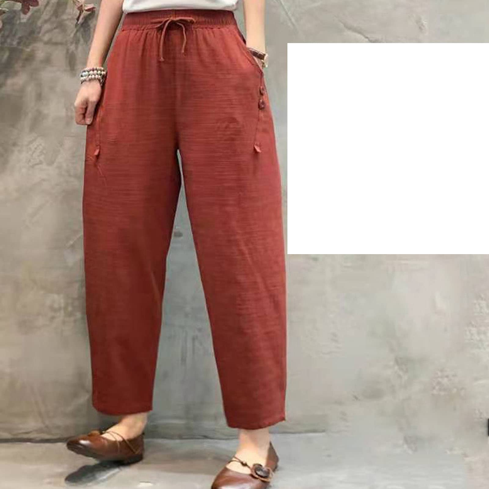 Maiyifu-GJ Women Linen Drawstring Cropped Pants Summer Soft Casual Elastic Waist Trousers Wide Leg Cropped Pant with Pockets (Red 2,XX-Large)
