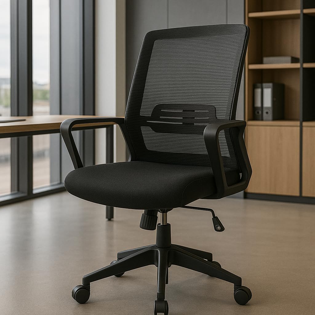 Silla de Oficina Ergonómica con Ruedas y Respaldo Transpirable | Altura Regulable y Soporte Lumbar | Ideal para Escritorio, Estudio o Habitación Juvenil | Diseño Moderno y Confortable | Color Negro
