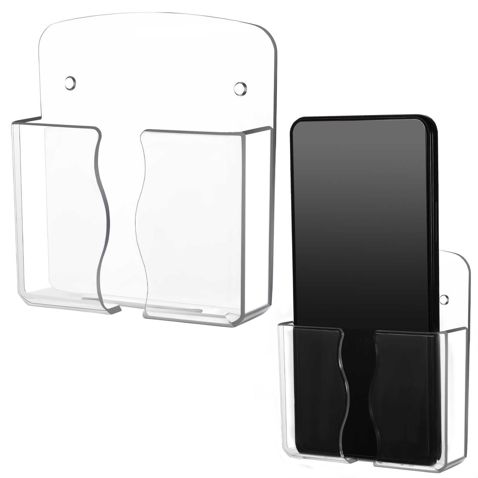 Psyqtsuary 2Pcs Phone Holder Wall Mounted, Universal Compatible Smartphone Stand, Transparent Acrylic, Self Adhesive or Nail Mount, Space Saving,