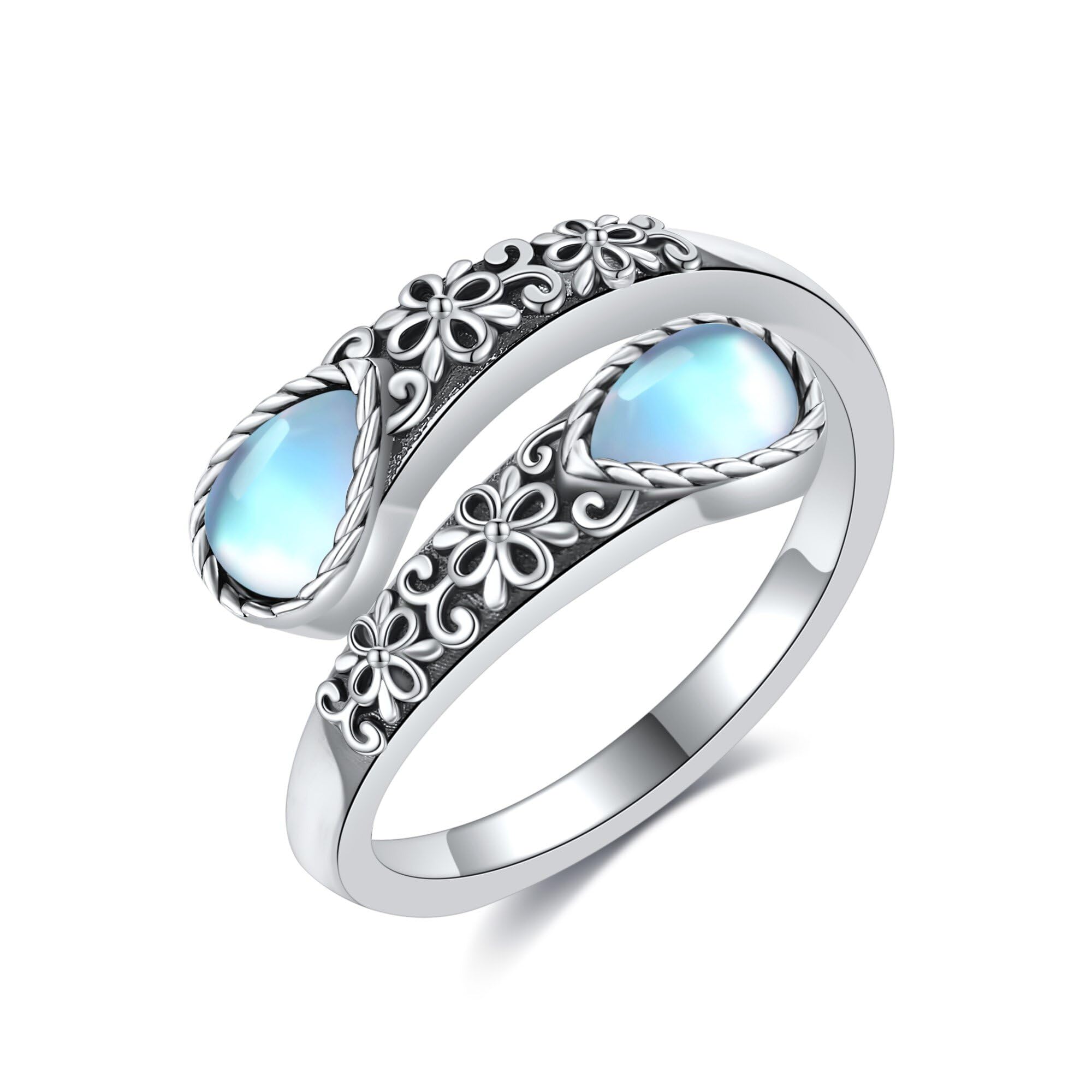 CUPENDA Sunflower/Mushroom/Skull Rose/Filigree Moonstone S925 Sterling Silver Adjustable Open Thumb Rings for Women