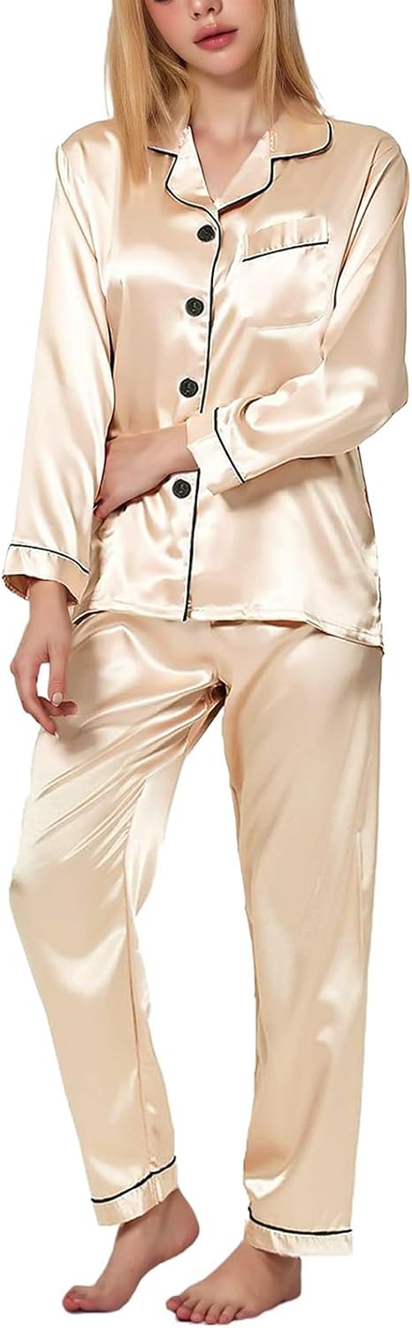 (-10%) TANTOMI Satin-Schlafanzug für Damen, zweiteiliges Pyjama-Set mit Knopfleiste, kuscheligem V-Ausschnitt und Langen Ärmeln–ideal für gemütliche Nächte zu Hause